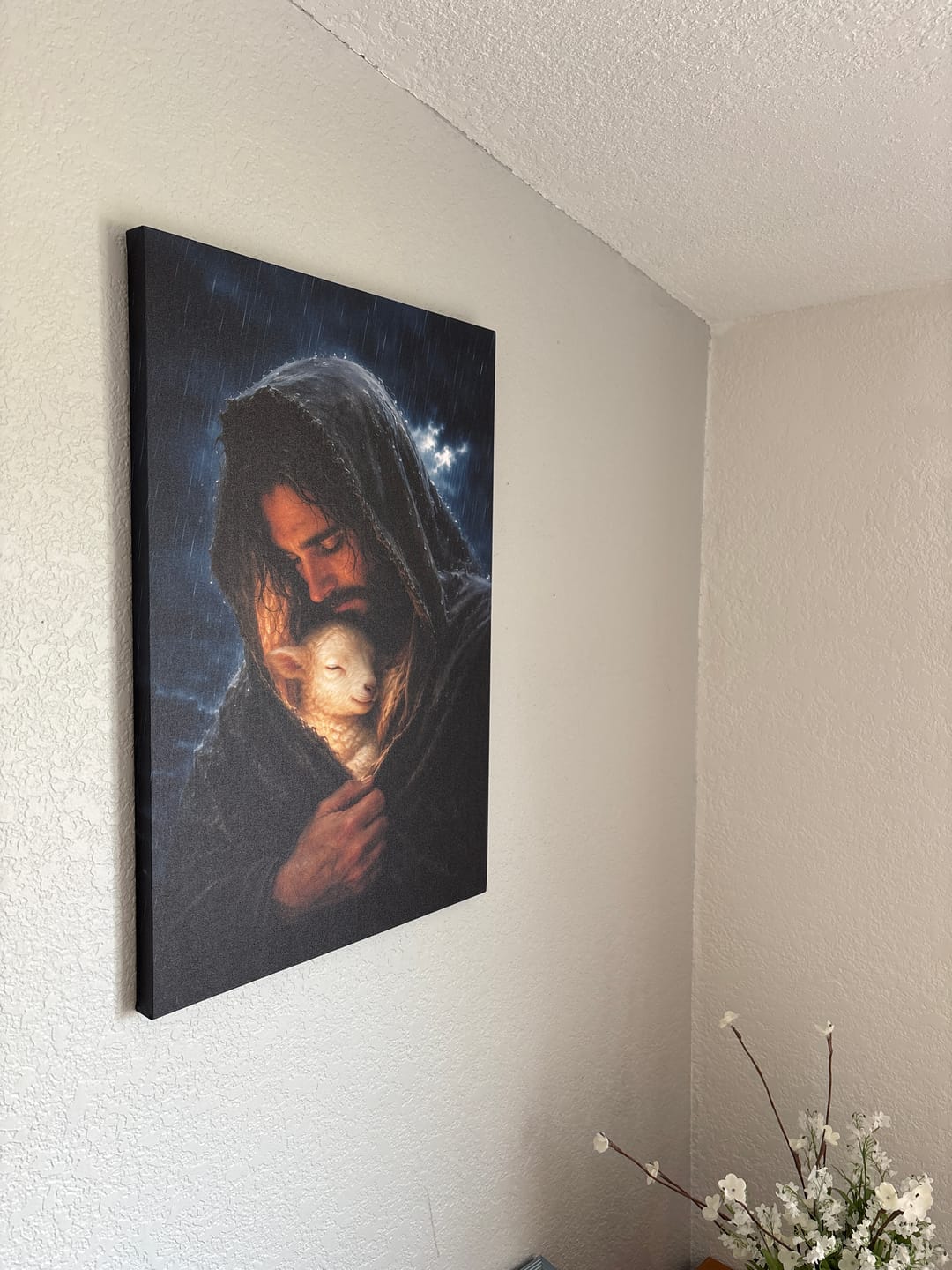 Customer photo review of The Good Shepherd Shelters His Lamb In The Rain – Luke 15 – Christian Wall Art Canvas