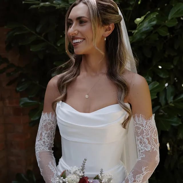 Customer photo review of French Chantilly Lace Scallop Bridal Sleeves