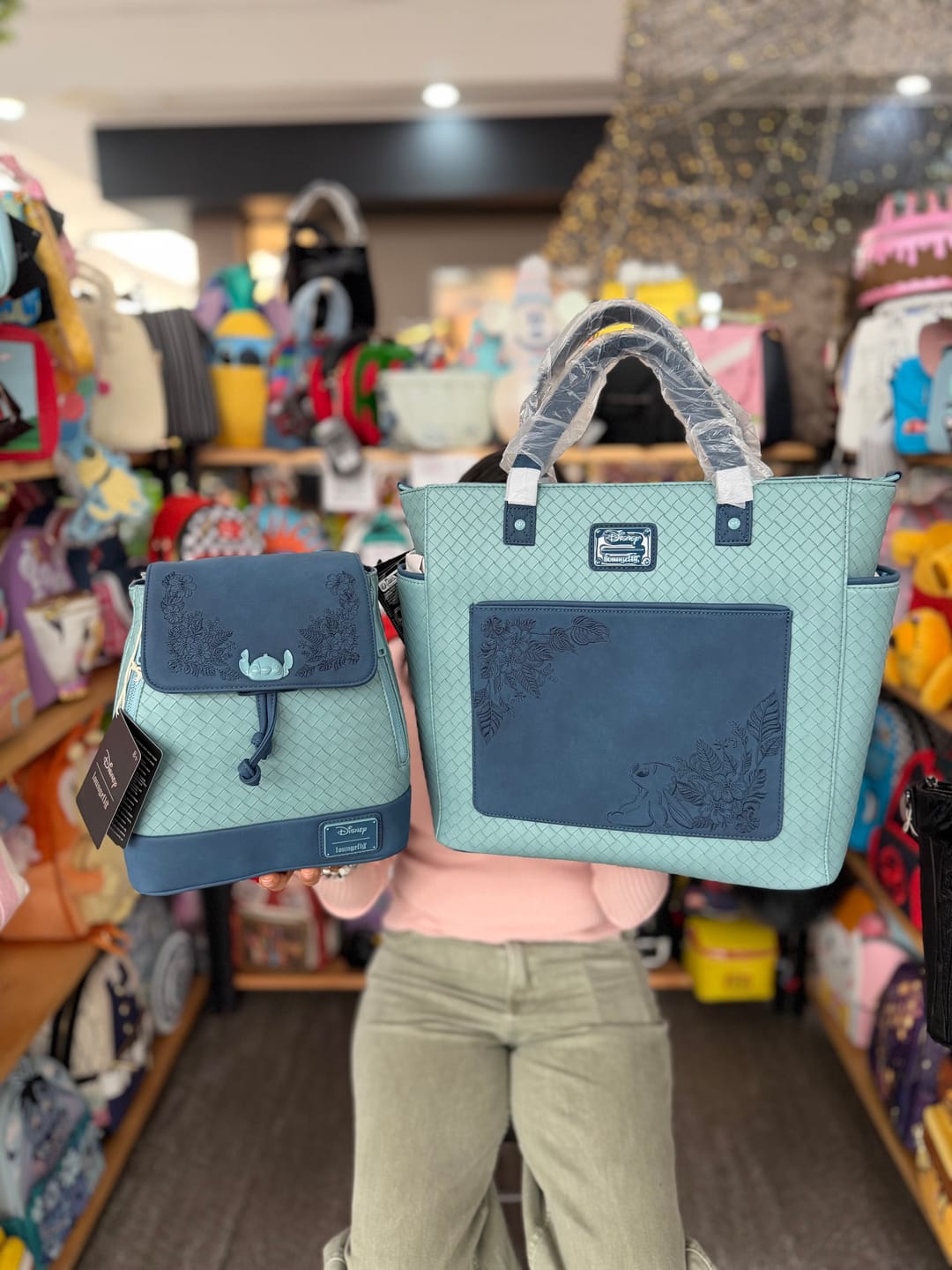 Customer photo review of Loungefly Disney Stitch Embroidered Floral Convertible Tote Bag