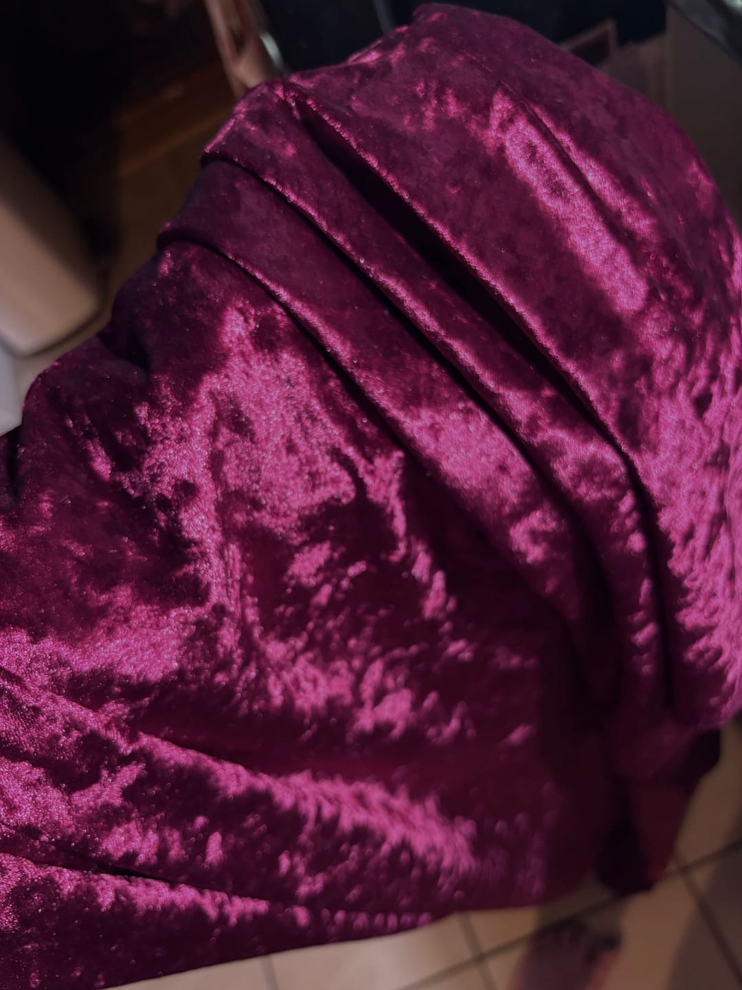 Customer photo review of Burgundy Stretch Crushed Velvet