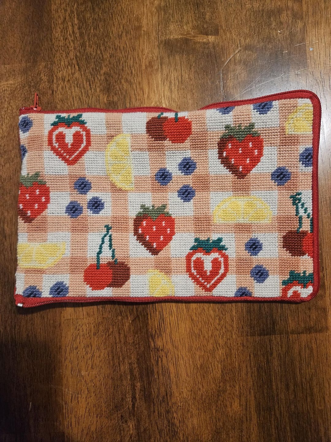 Customer photo review of FRUIT MARKET - Needlepoint Pouch Kit