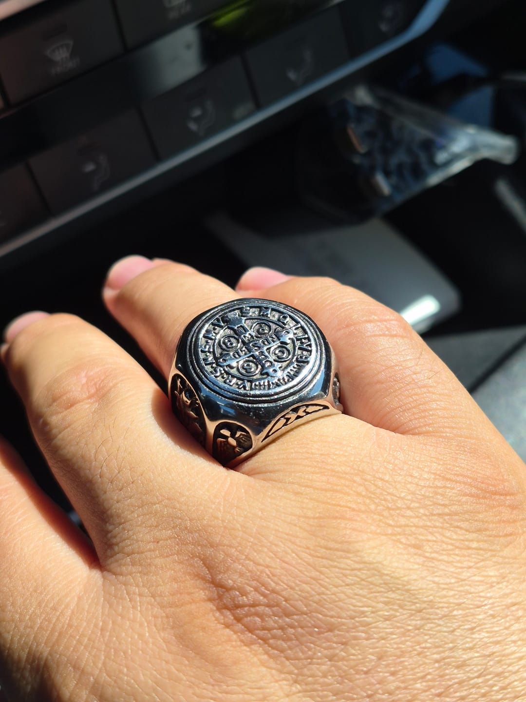 Customer photo review of Christianartworkshop St. Benedict Cross Faith Ring: A Symbol of Loving Gift