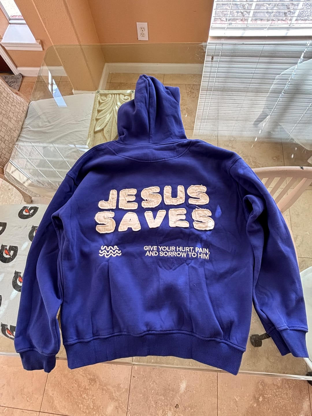 Customer photo review of Jesus Saves Patchwork Hoodie
