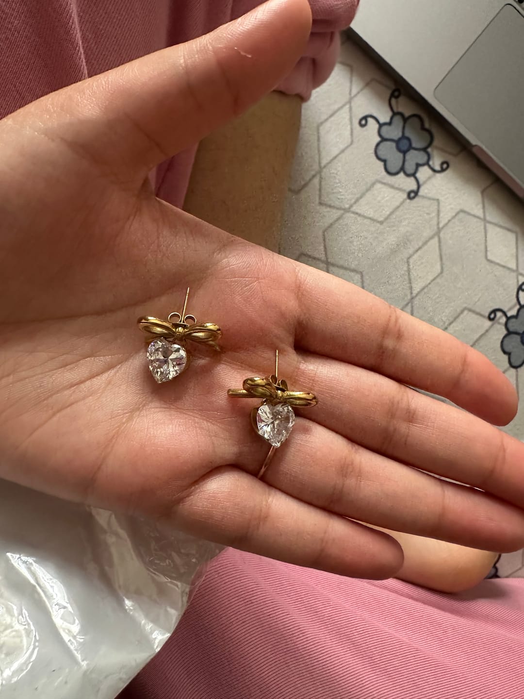 Customer photo review of Zircon Heart & Bow Drop Earrings