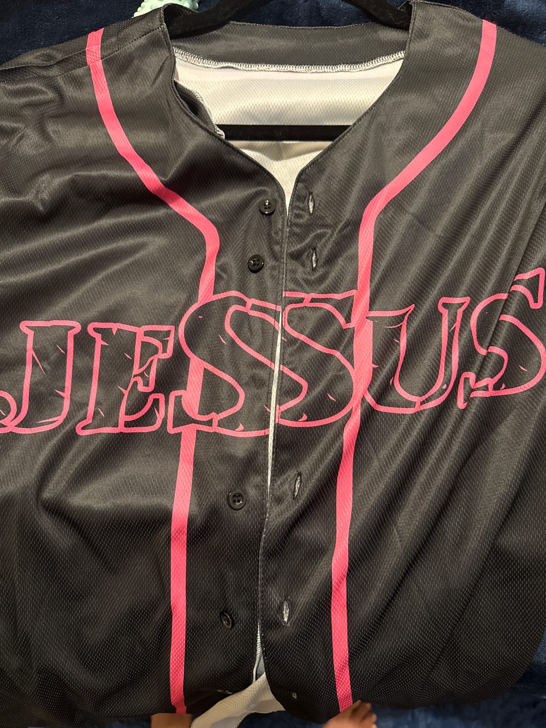 Customer photo review of Christianartworkshop Jesus Cross Nail and Crown of Thorns Baseball Jersey