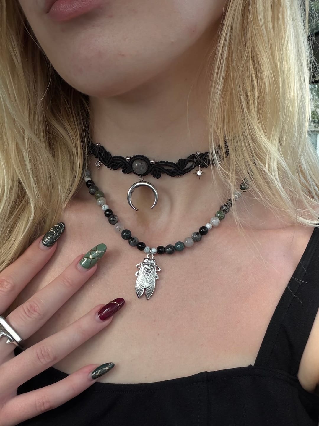 Customer photo review of Handmade Stone Cicada Beaded Necklace | Waterproof Stainless Steel