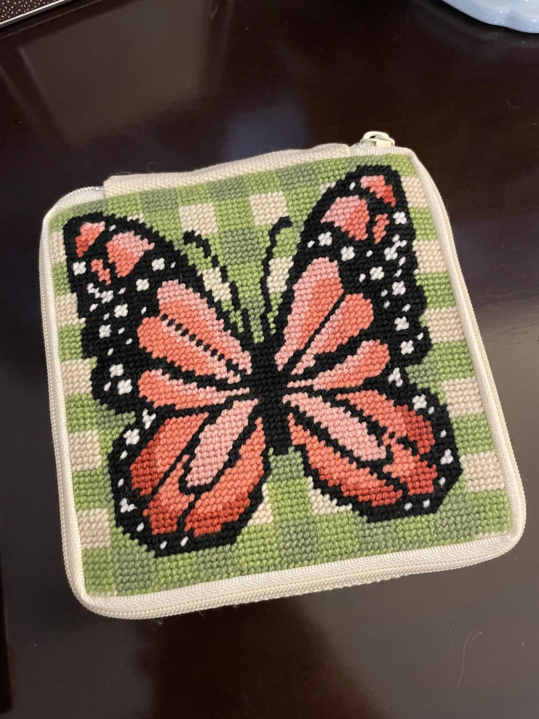 Customer photo review of GINGHAM BUTTERFLY - Needlepoint Pouch Kit