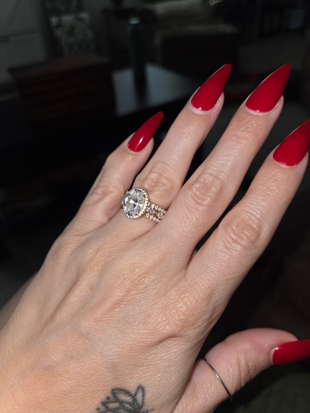 Customer photo review of 2PC 3.0Ct Halo Oval Cut Yellow Gold Wedding Ring Set With Enhancer Engagement Ring