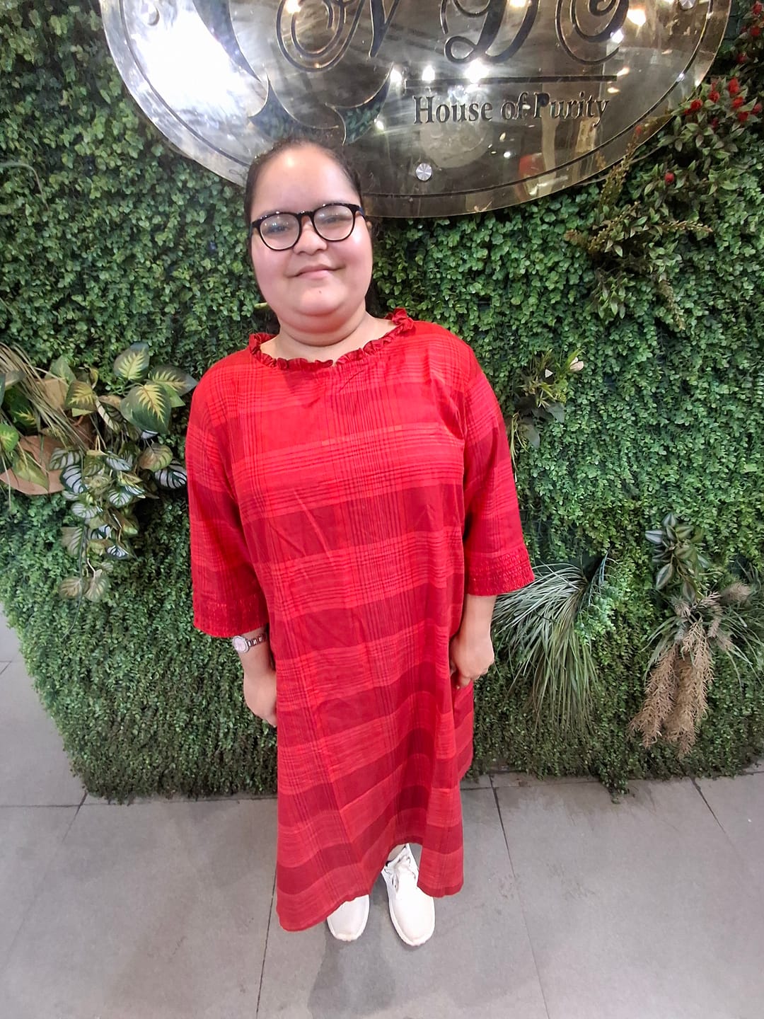 Customer photo review of Red Madras Plaid Smocked Sleeve Shift Dress