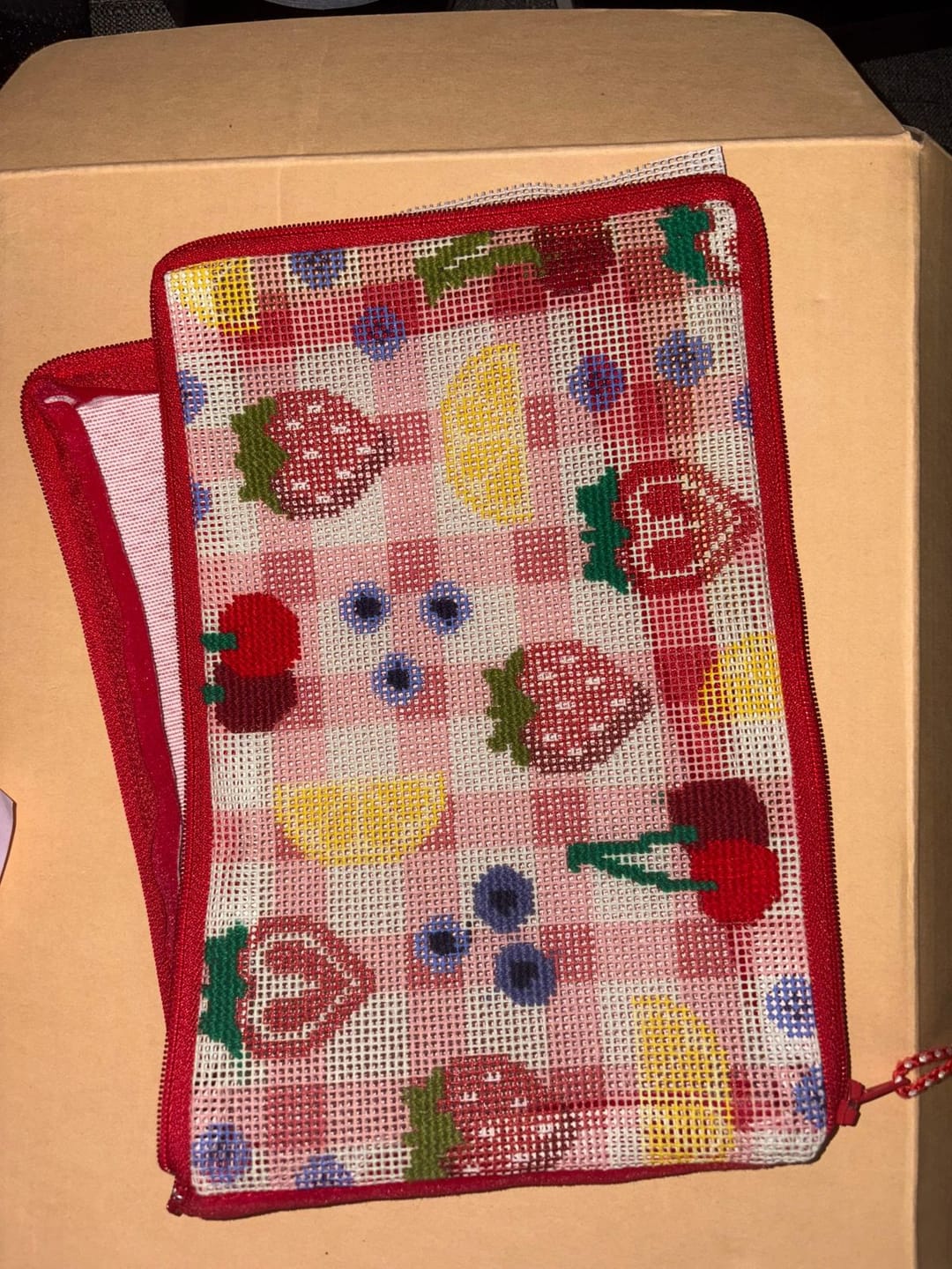 Customer photo review of FRUIT MARKET - Needlepoint Pouch Kit