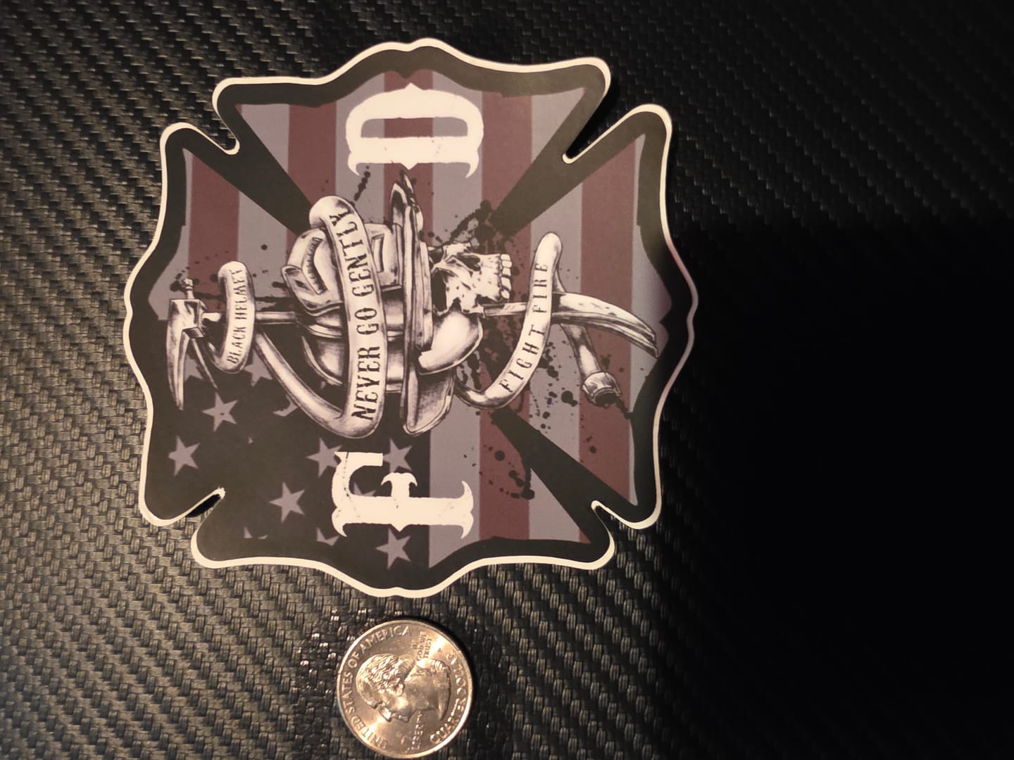 Customer photo review of Black Helmet Never Go Gently Firefighter Helmet Decal