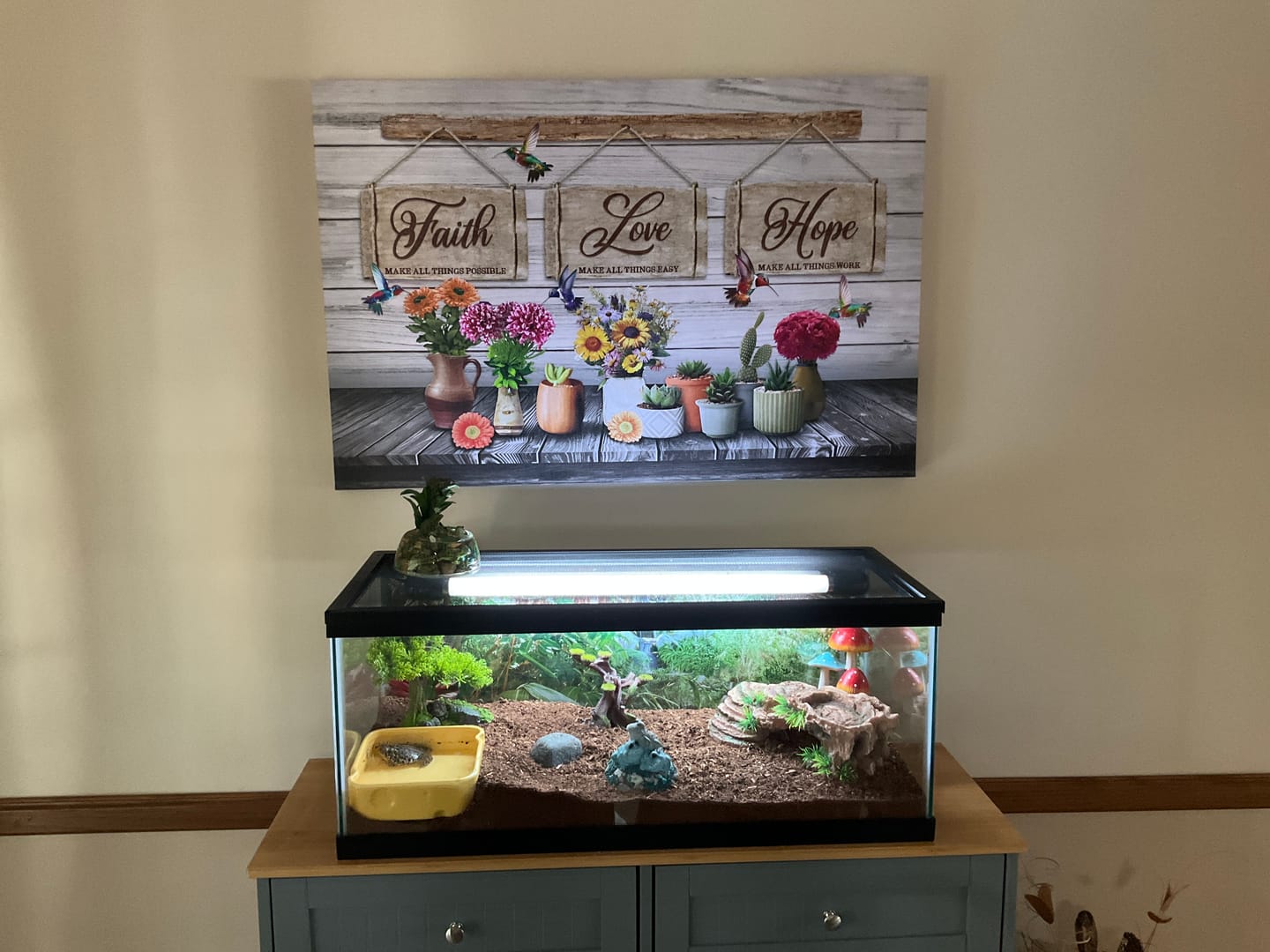 Customer photo review of Rustic Christian Wall Art Canvas - Faith, Love, Hope – Hummingbirds and Flowers