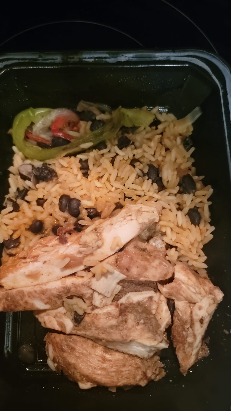 Customer photo review of Portuguese-style grilled chicken with rice and beans￼