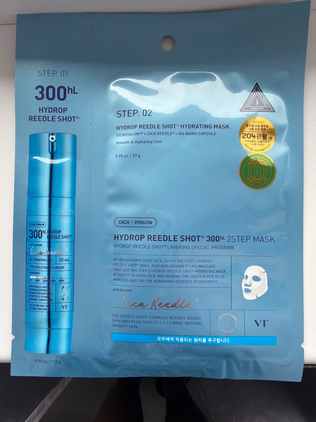 Customer photo review of 2-pakāpju mitrinošā maska VT Cosmetics Hydrop Reedle Shot 300hL 2-Step Mask