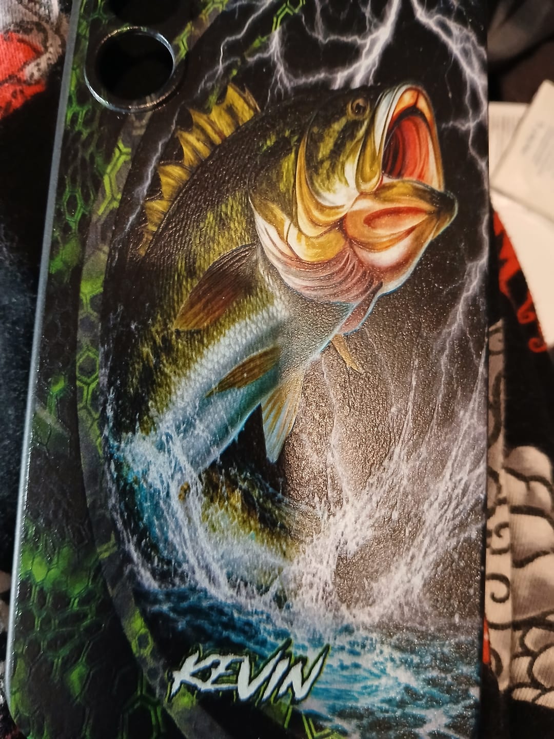 Customer photo review of Maxcorners Bass Fishing Phone Case Neon Lightning Hexagon Water Splash Design Personalized Name Phone Case (12 Fish Species)