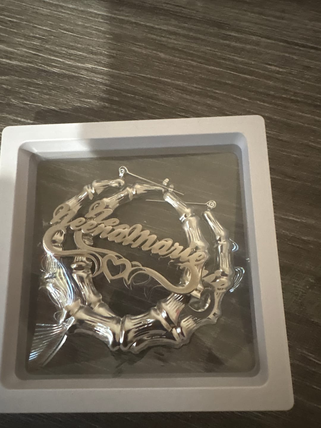 Customer photo review of Heart Outline Bamboo Name Hoop Earrings