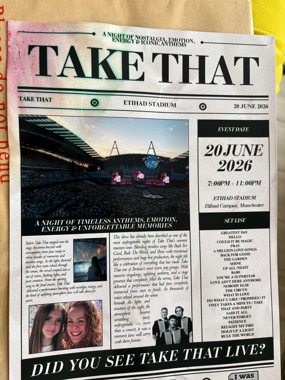 Customer photo review of Take That - Personalised Newspaper Style Concert Poster