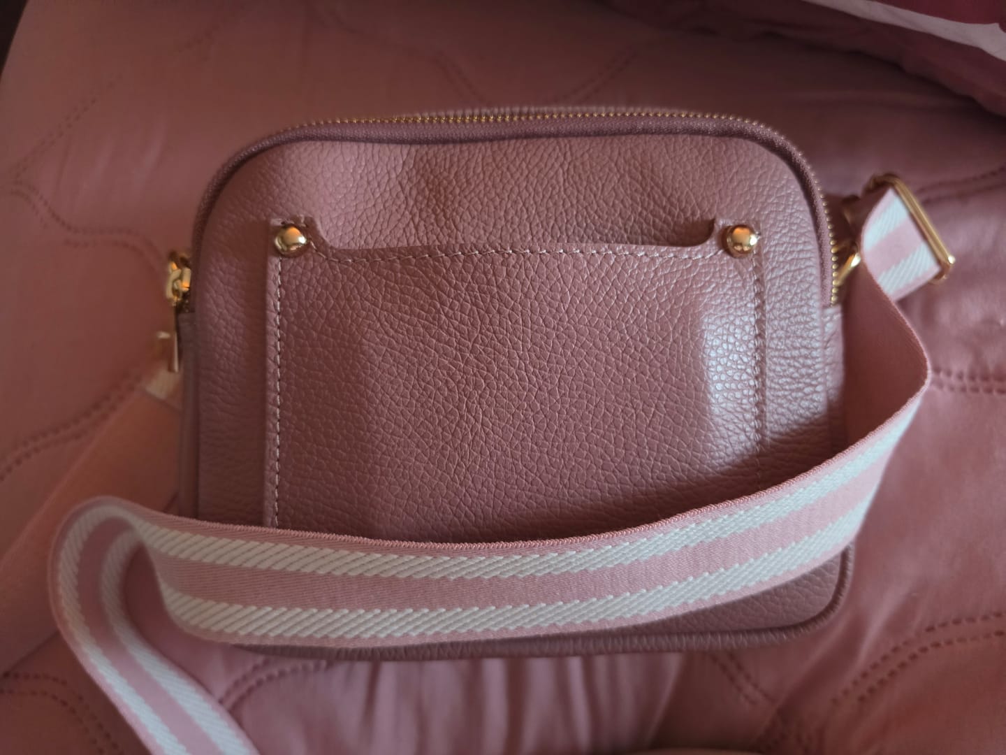 Customer photo review of Sienna Crossbody Bag in Antique Pink with Candy Stripe Strap