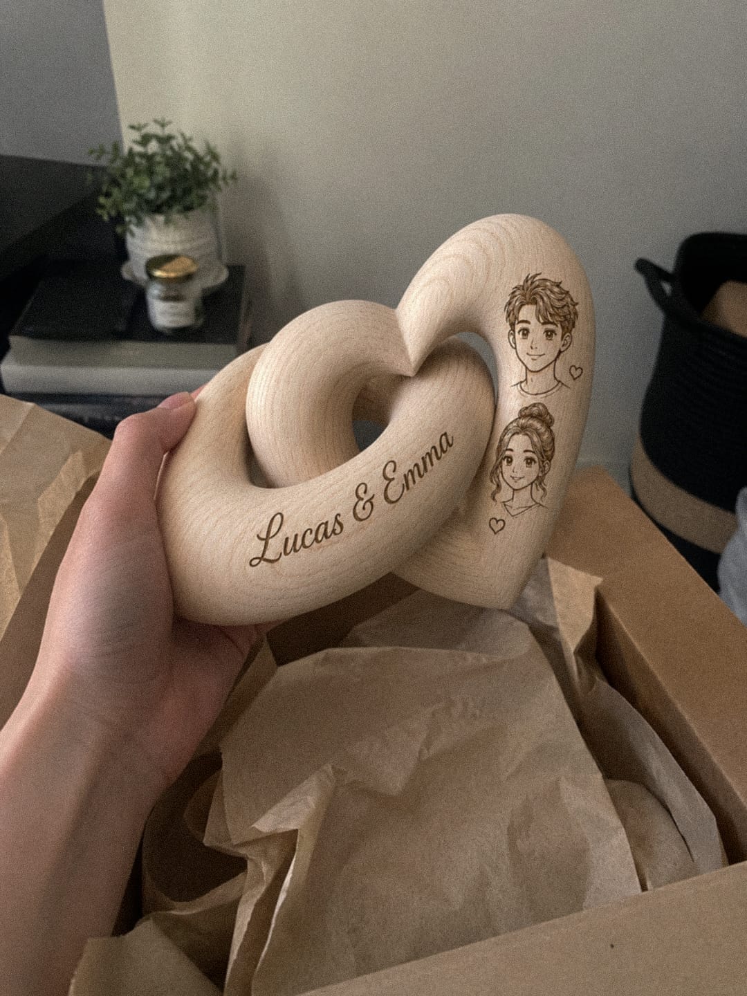 Customer photo review of Custom Photo Cartoon Line Art - Personalized Wooden Heart Sculpture - Special Gift For Family Members, Pet Lover, Couple