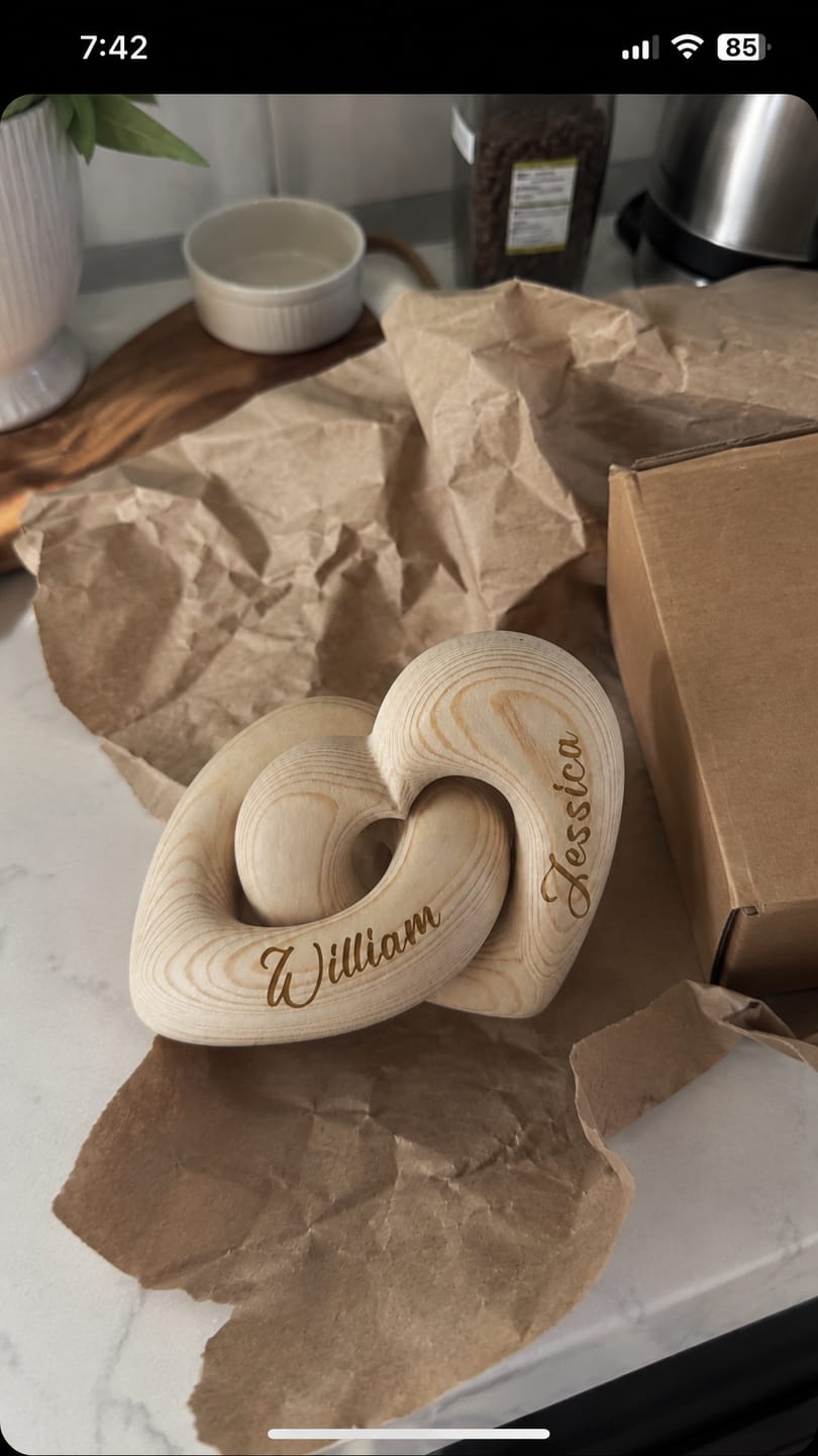 Customer photo review of Two Hearts Together - Personalized Wooden Heart Sculpture - Romantic Gift For Couple, Husband, Wife