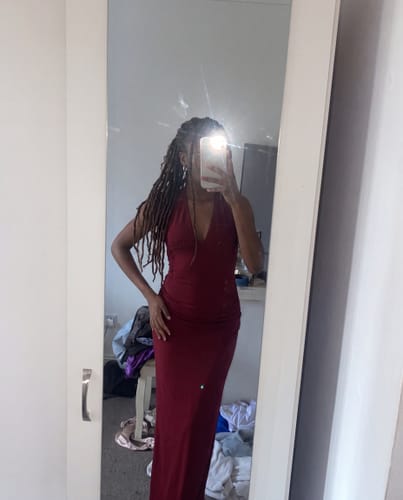 Customer photo review of Sultry Plunge Halter Gown