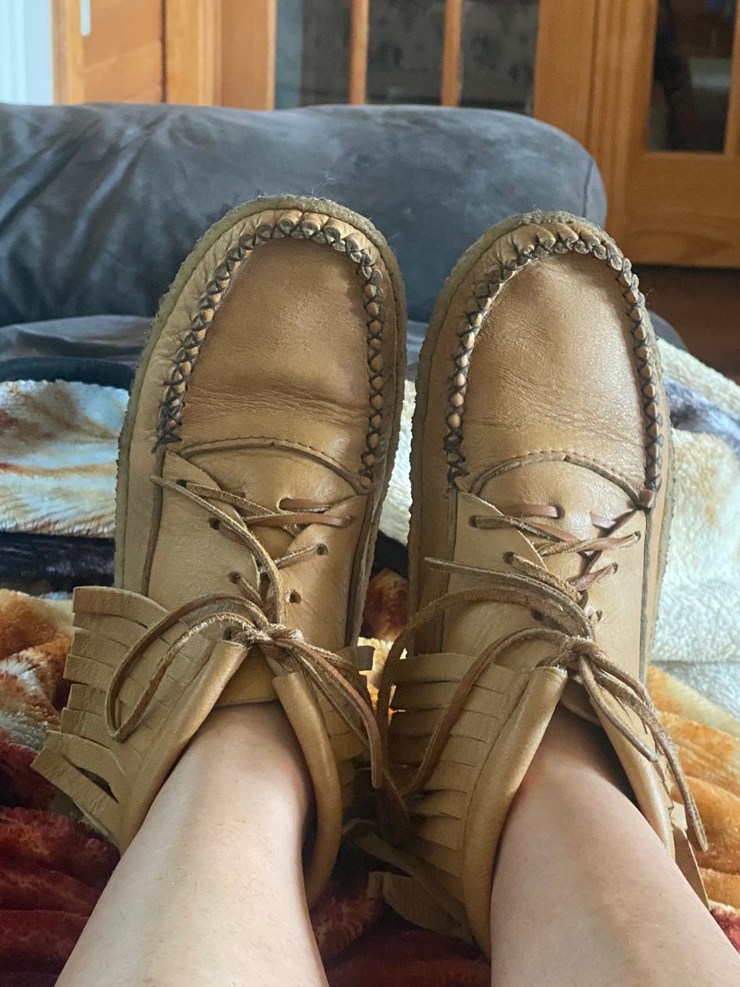 Customer photo review of Women’s Fringed Crepe Sole Moose Hide Moccasin Boots