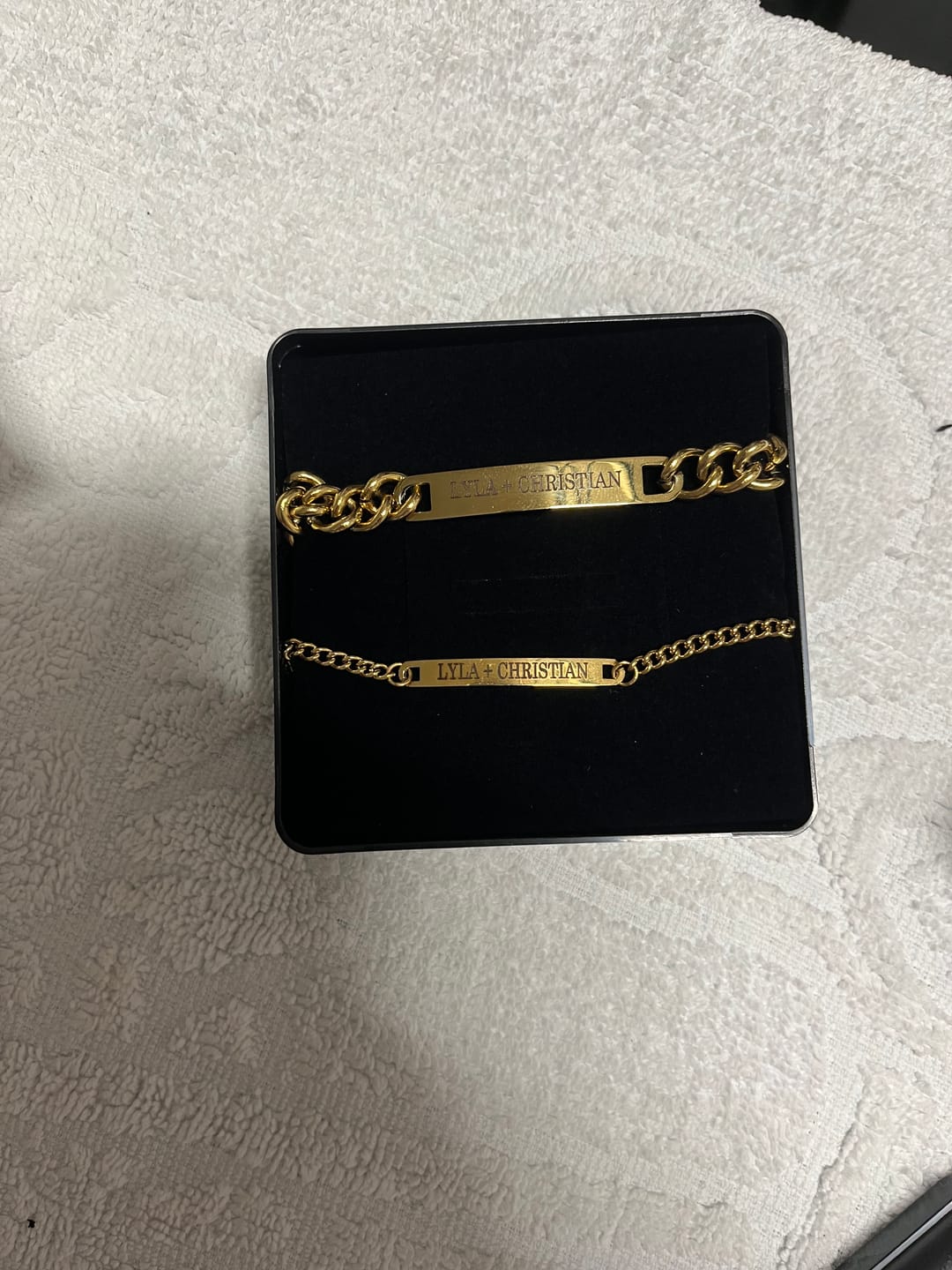 Customer photo review of Gold Link Bond – Personalised Couple Bracelet