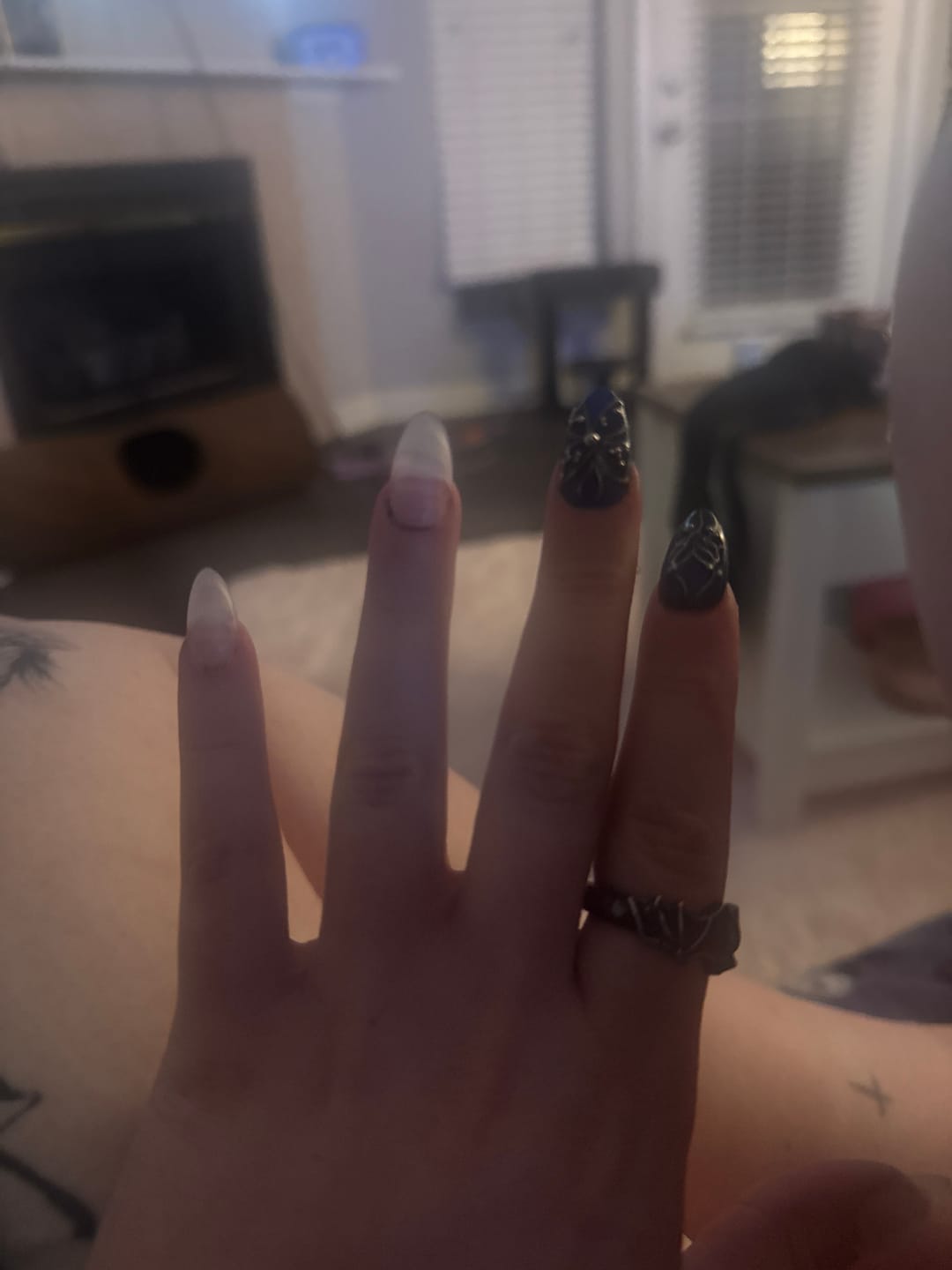 Customer photo review of Midnight Sapphire Cross Press-On Nails – Blue Black Gothic Fake Nails