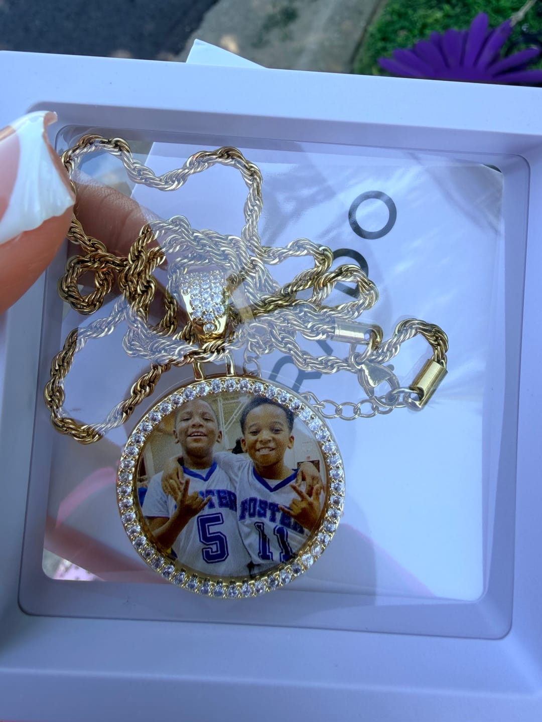 Customer photo review of Iced Circle Photo Pendant