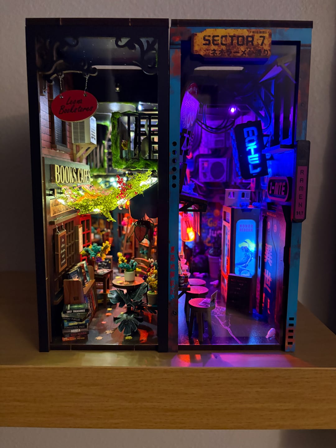 Customer photo review of Neon Ramen MiniAlley Cyberpunk DIY Book Nook Kit, Scale Model Kit,  Japanese Ramen Shop Miniature Scene