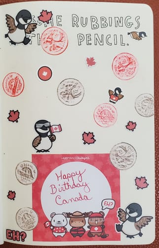 Reviewer's Cobra Chickens Eh? sticker sheet used to decorate a journal page with pencil rubbings and Canada Day themes.