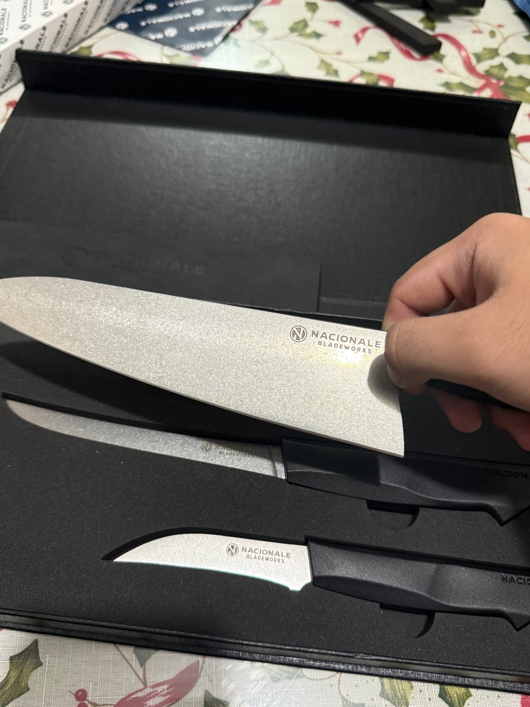 Customer photo review of 3pc Set. 215mm Chefs Knife + 150mm Boning Knife + 90mm Paring Knife. AUS8 Steel. Recycled Plastic Skateboard Material Handle