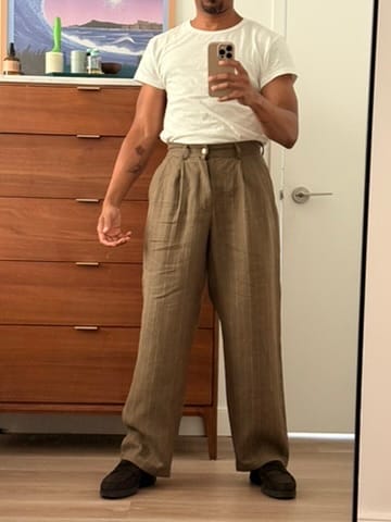 Customer photo review of Speakeasy Striped Linen Pants Olive