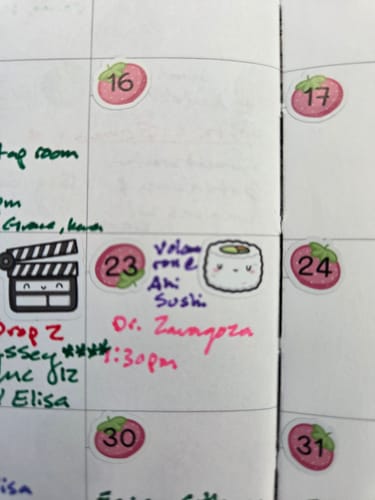 Customer's Maki Rolls Planner Stickers in a calendar planner to mark sushi dining dates.