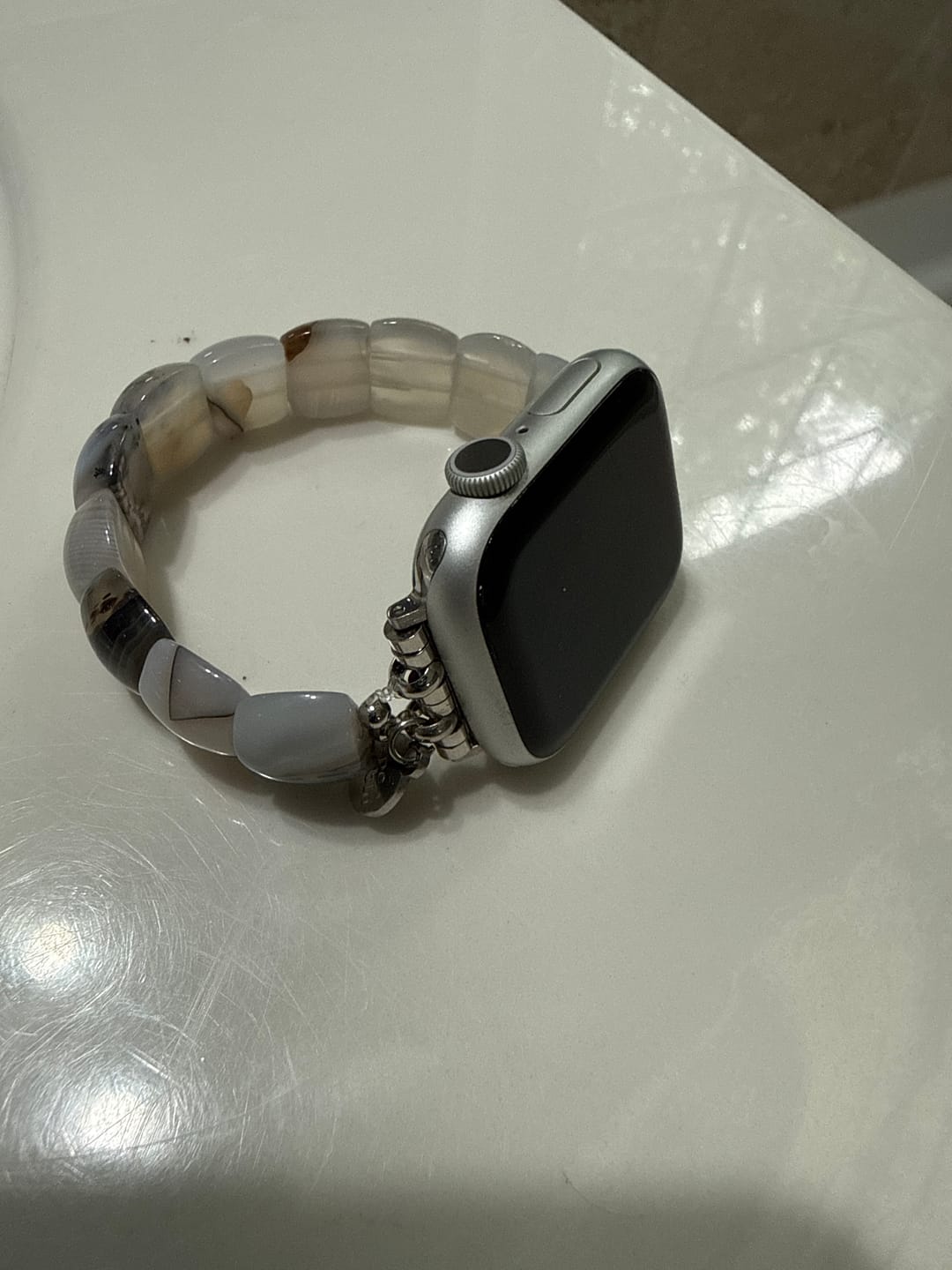 Customer photo review of Ivory Aura Stretch Apple Watch Strap