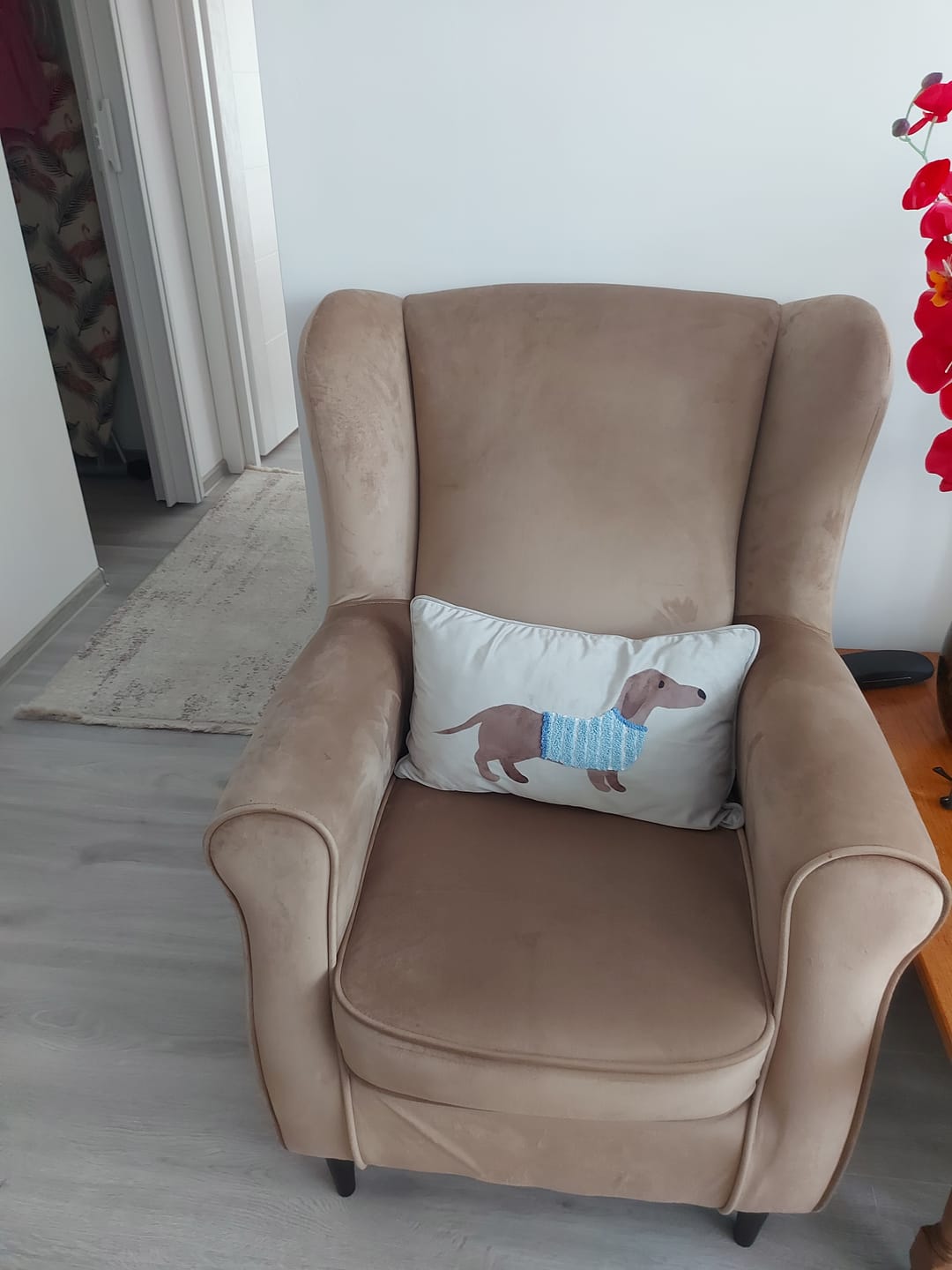 Customer photo review of Fotoliu BARON, stofa catifelata bej - Bluvel 28/wenge, 75x80x101 cm