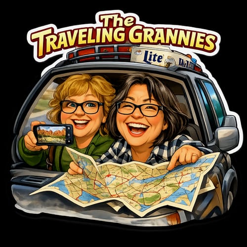 Customer's custom vinyl sticker featuring a cartoon of two smiling people in a car looking at a map.