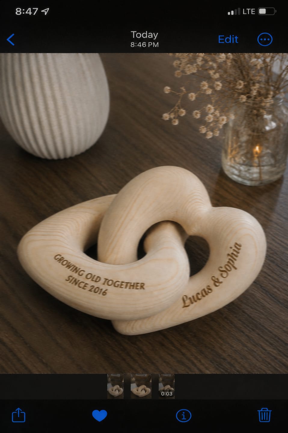 Customer photo review of Growing Old Together Interlocking Hearts - Personalized Wooden Heart Sculpture - Romantic Gift For Couple, Husband, Wife, Grandparents