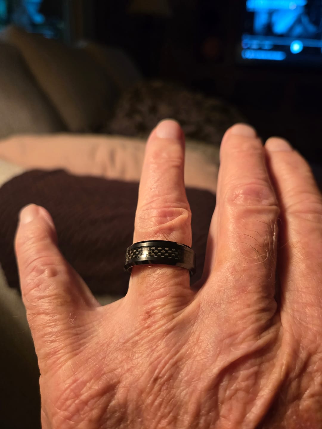 Customer photo review of 8mm Black Tungsten Carbide Wedding Ring with Carbon Fiber Inlay