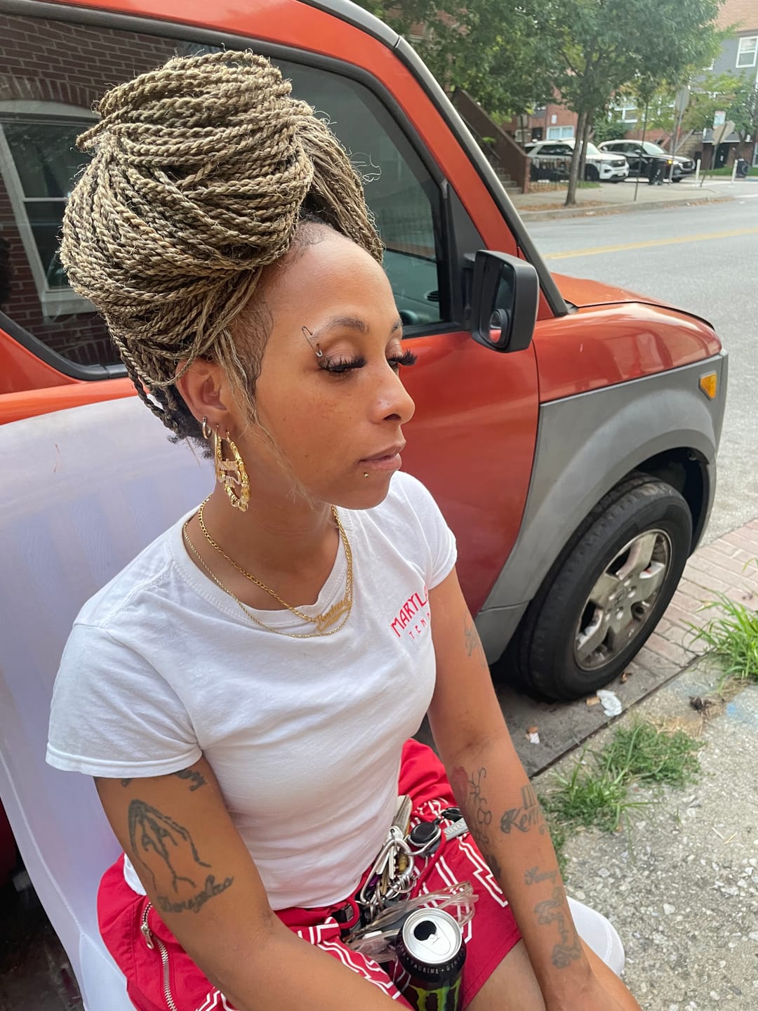 Customer photo review of Heart Outline Bamboo Name Hoop Earrings