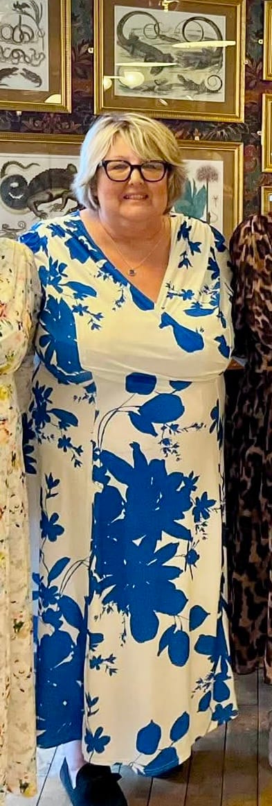 Customer photo review of Katie Ivory Blue Wrap Midi Dress
