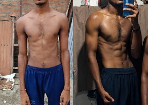 Customer's before and after photos showing physical progress after using Wellcore Micronised Creatine Monohydrate.