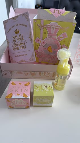 Customer's Loyalty Birthday Gift box with a greeting card, skincare products, and a pump bottle.