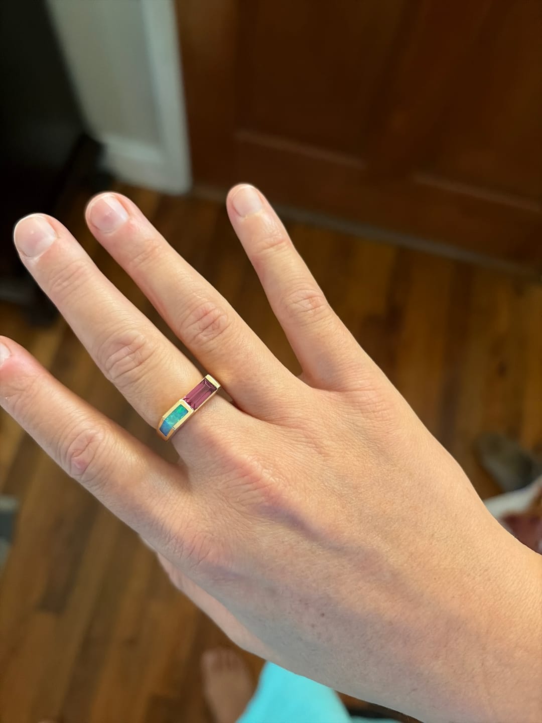 Customer photo review of Vintage 14k Yellow Gold .74ct Pink Garnet Blue Opal Sleek Geometric Ring 6.00