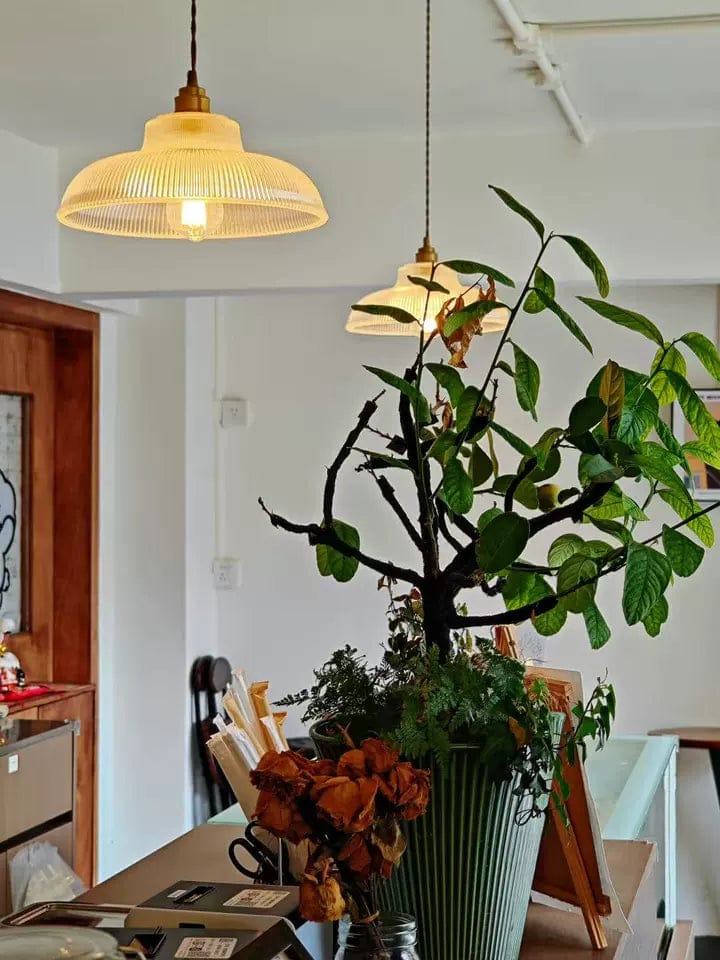 Customer photo review of Vintage 1-Light Striped Glass Dome-Shaped Pendant Light