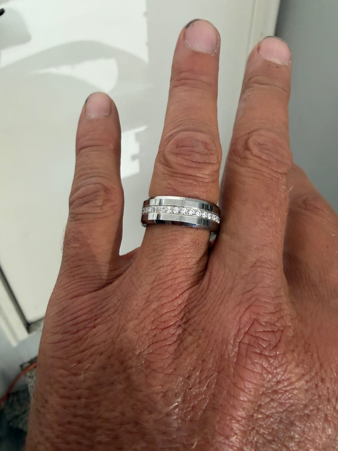 Customer photo review of 8mm - Tungsten Carbide Wedding Band Fully Stacked Cubic Zircon Beveled Edge Comfort Fit