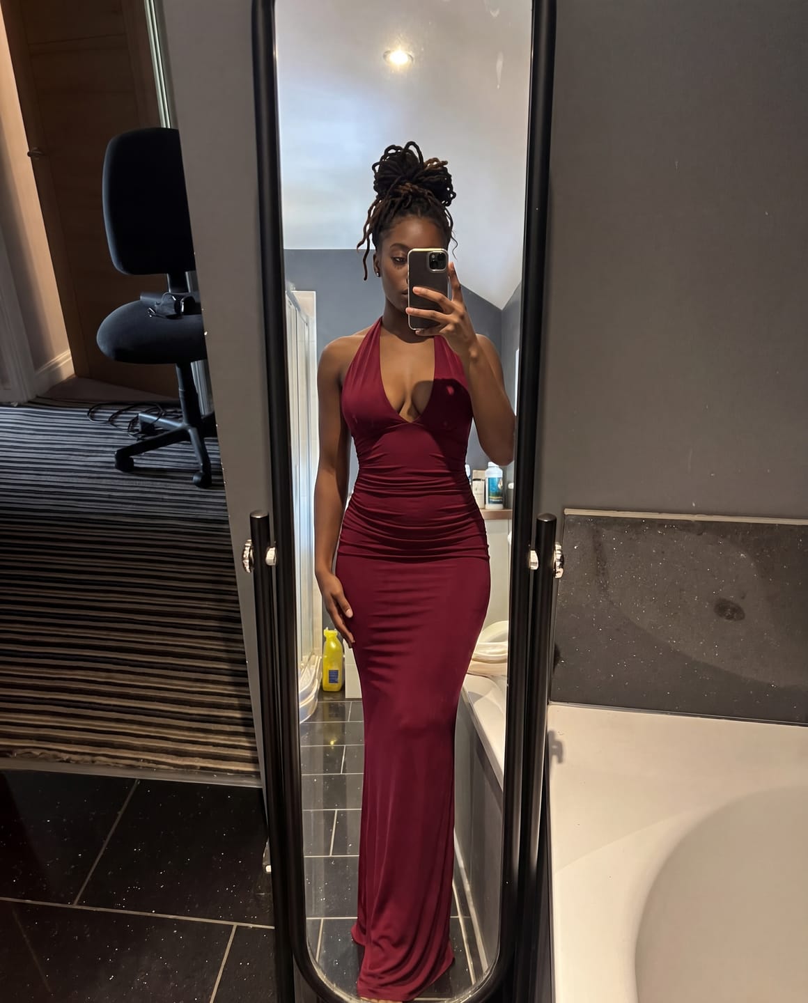 Customer photo review of Sultry Plunge Halter Gown