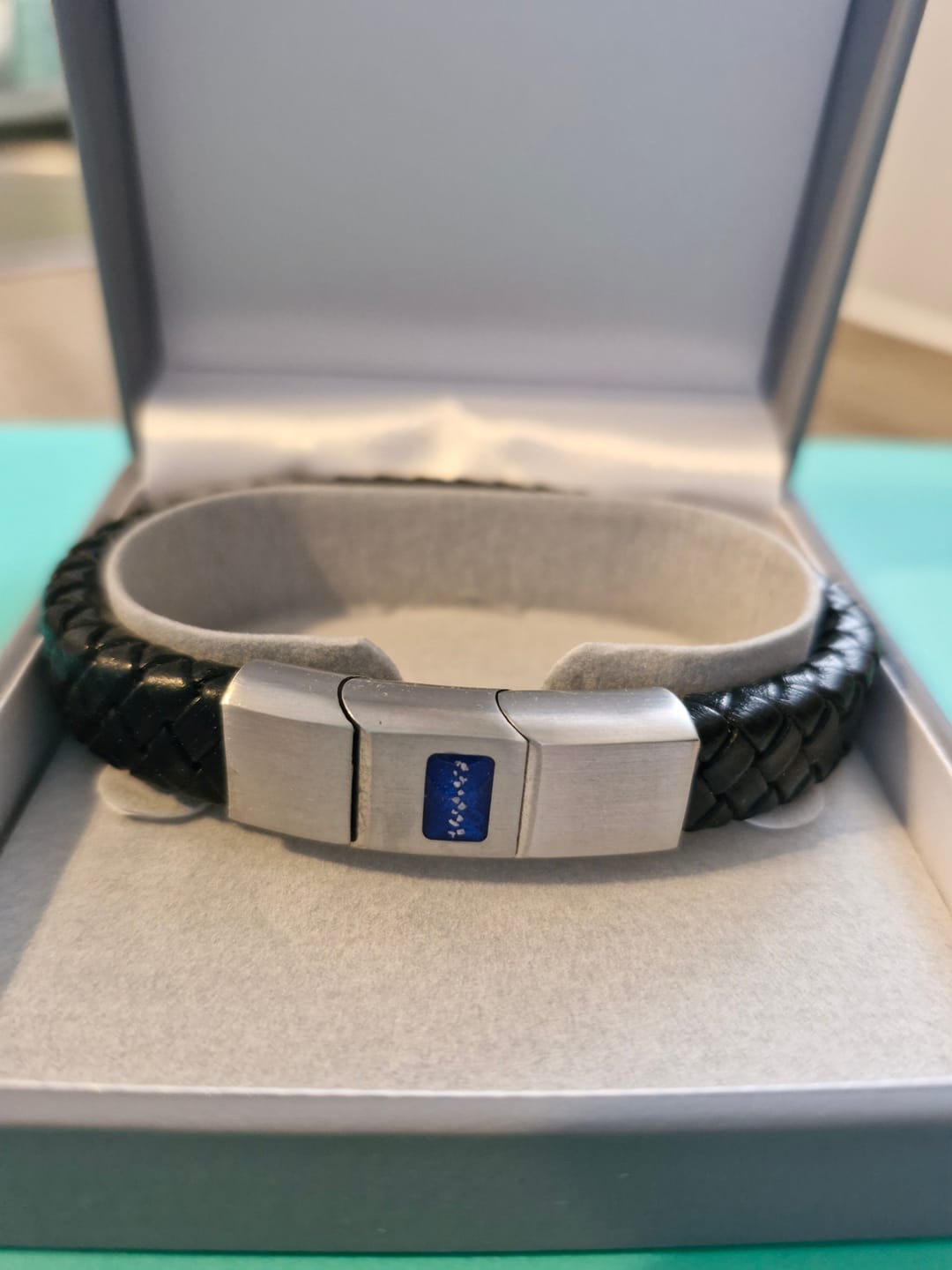 Customer photo review of Mens Leather/Stainless Steel Bracelet