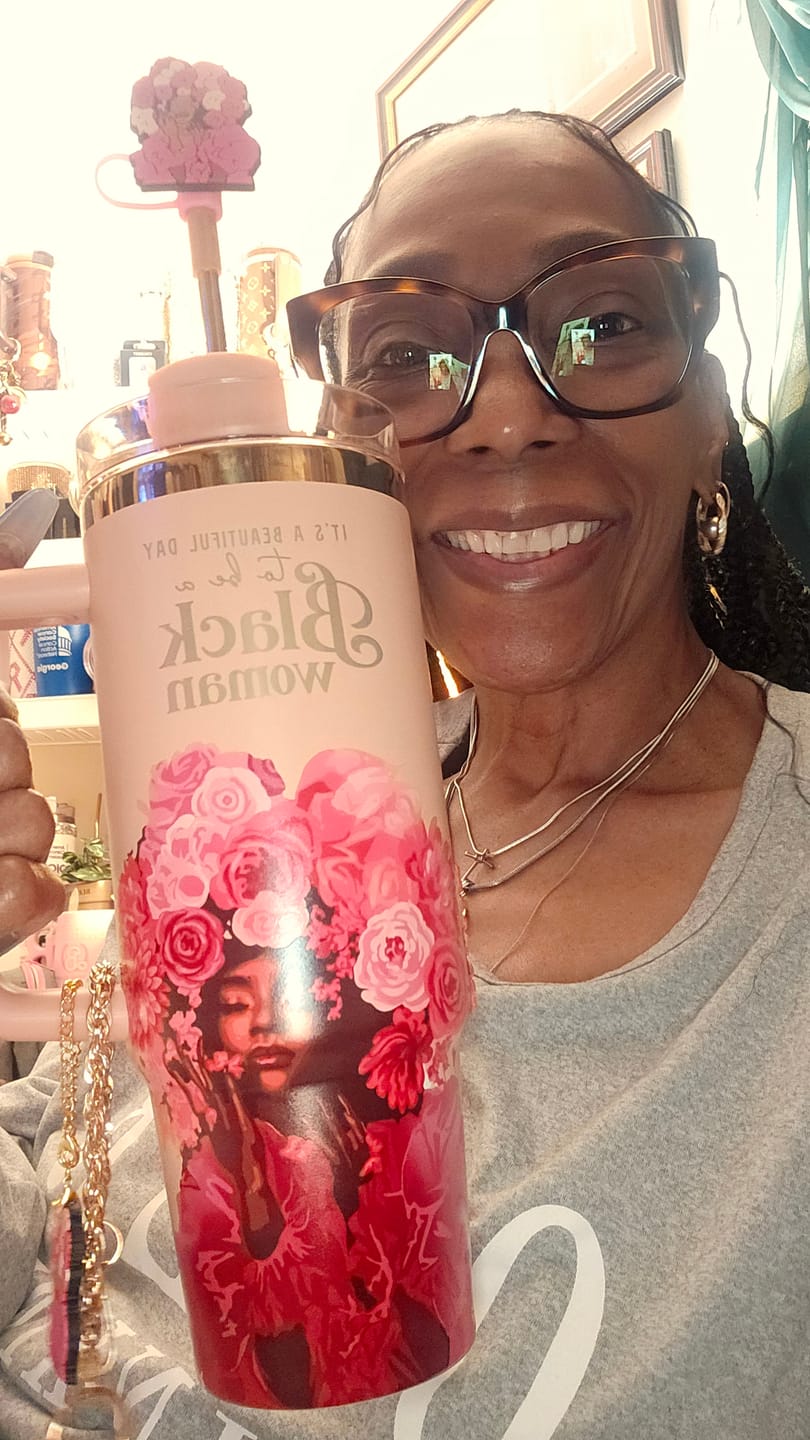 Customer photo review of Rose Pink "Royalty Blossomed" FlowSip™ Insulated Tumbler – It's a Beautiful Day to Be a Black Woman