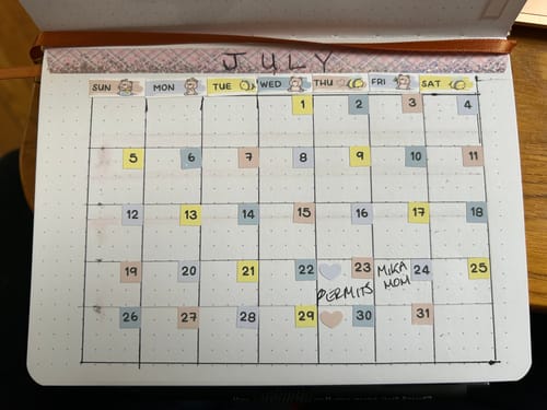 Customer's Bees and Bears Hobonichi Cousin Monthly Kit stickers applied to a planner page for July.